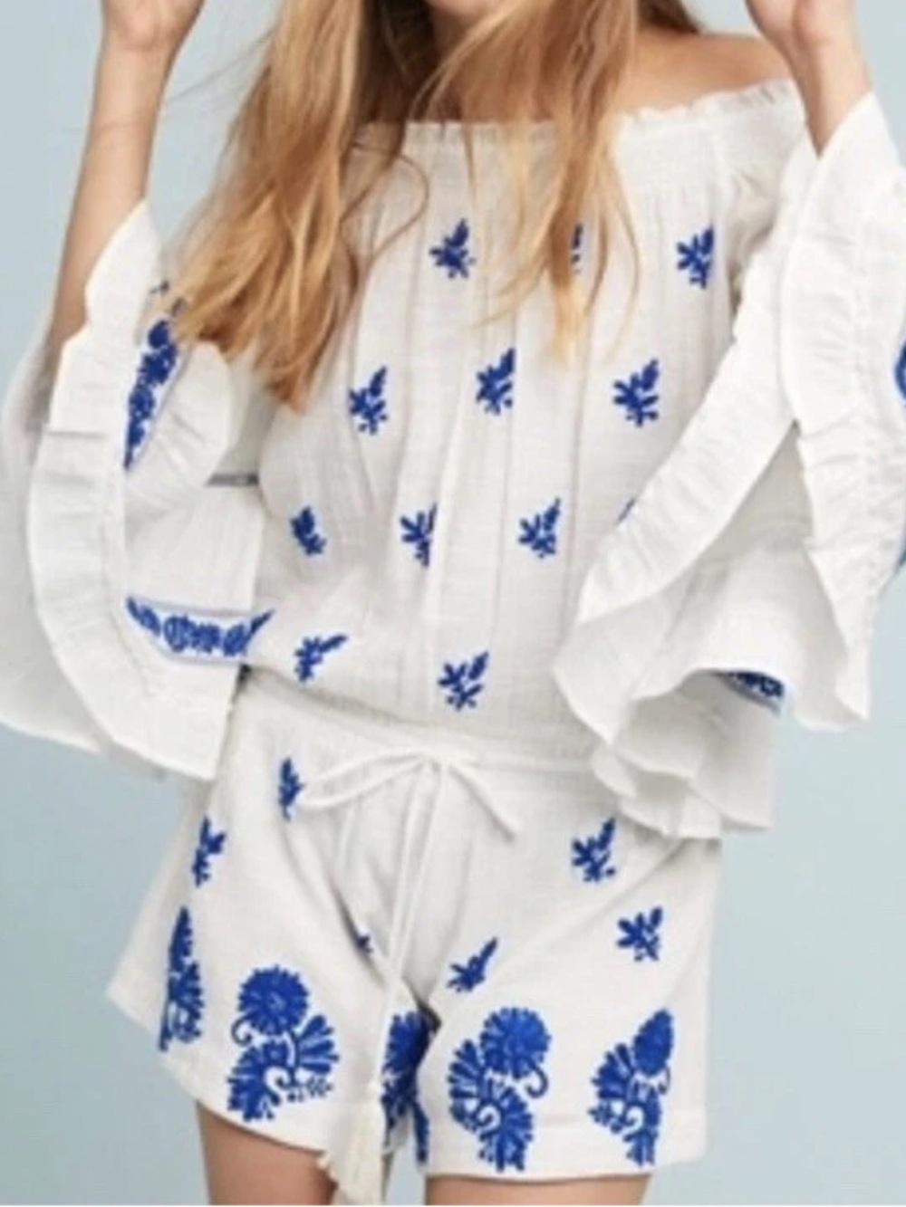 Anthropologie Raga Eva Embroidered Off Shoulder Romper White Blue sz L